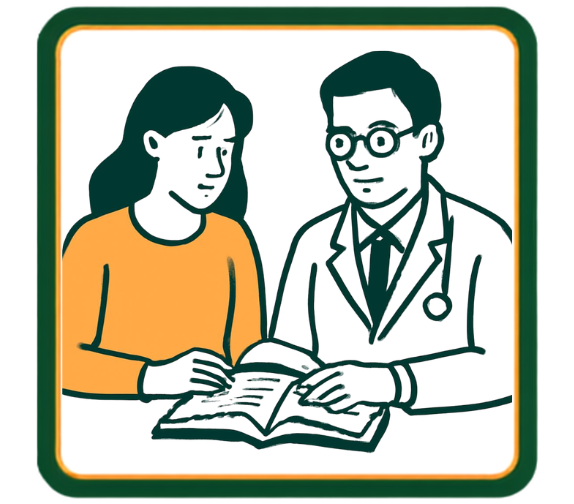 graphic image of a woman and her doctor looking at a workbook together.