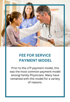 Fee for Service Payment Model: Prior to the LFP payment model, this was the most common payment model among Family Physicians. Many have remained with this model for a variety of reasons. Learn More.