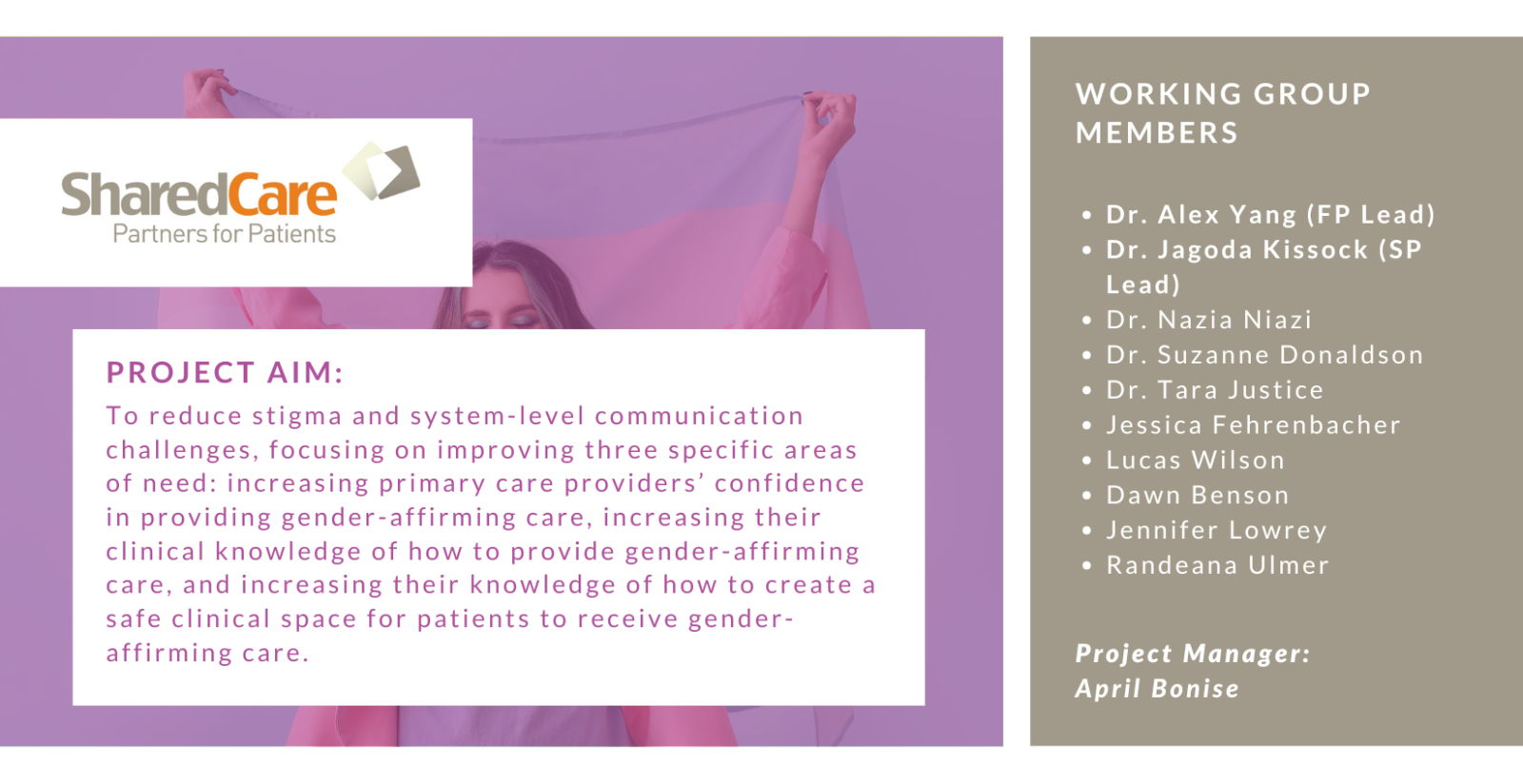 Project Aim: To reduce stigma and system-level communication challenges, focusing on improving three specific areas of need: increasing primary care providers’ confidence in providing gender-affirming care, increasing their clinical knowledge of how to provide gender-affirming care, and increasing their knowledge of how to create a safe clinical space for patients to receive gender-affirming care. 