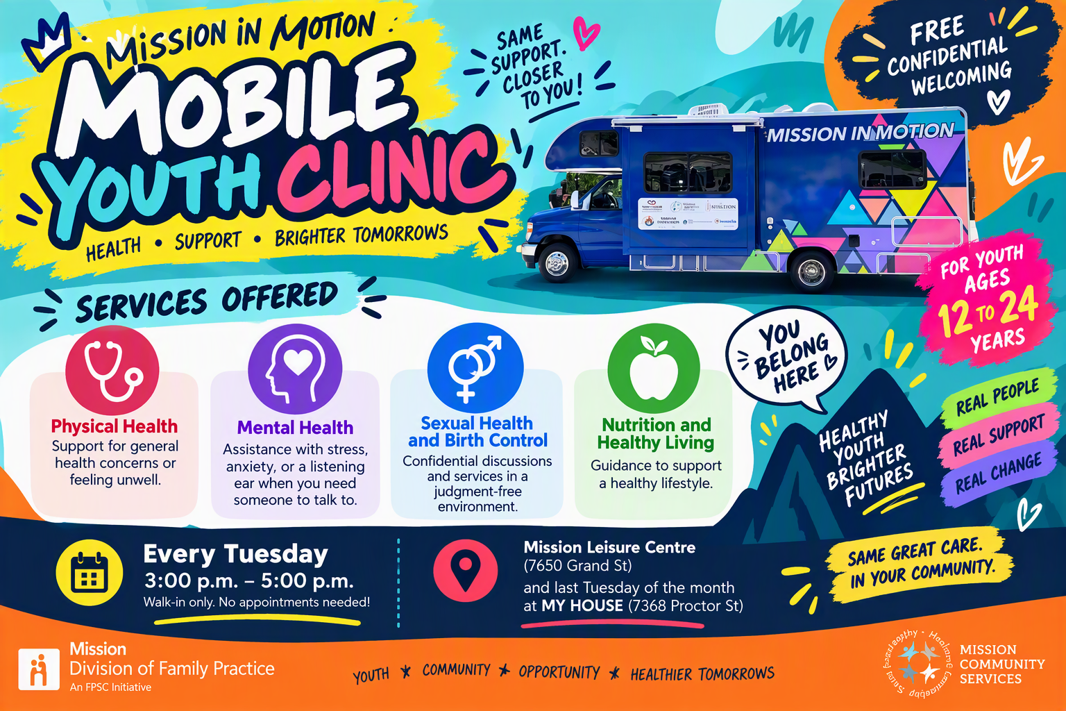 Colorful landscape poster for the Mission In Motion Mobile Youth Clinic featuring a mobile clinic van, youth-focused health services, ages 12-24, free and confidential walk-in care, Tuesday hours from 3:00 p.m. to 5:00 p.m., and locations at Mission Leisure Centre and MY HOUSE.