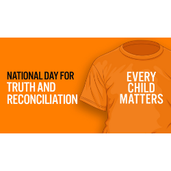 Orange shirt on orange background with words National Day for Truth and Reconciliation and Every Child Matters