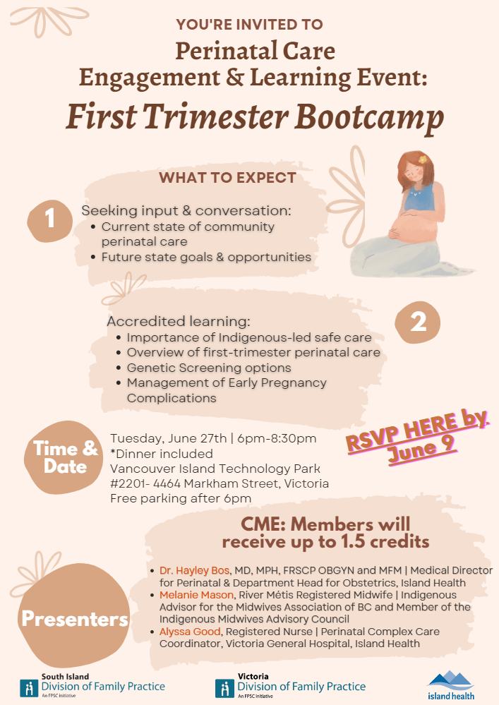 Pink and brown poster with a pregnant cartoon woman announcing perinatal bootcamp learning event June 27, 2023