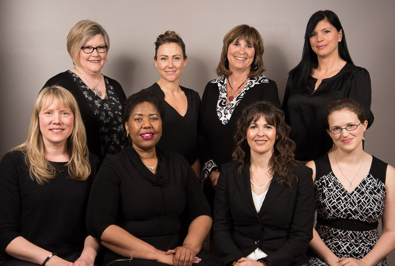 Back row from left to right: Joanne Meyrick, Executive Assistant; Sheena Brink, Program Assistant; Laurie Walters, Recruitment & Retention; Tanya Kielpinski, Program Lead Front row from left to right: Shilo Labelle, Administrative Assistant; Tshidi Machete, Recruitment & Retention; Jill Zirnhelt, Executive Director; Sarah Fletcher, Program Lead
