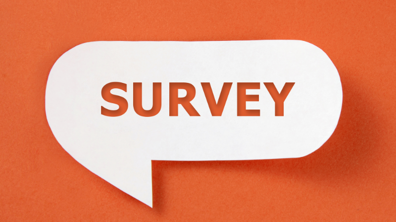 Graphic of the word survey on an orange background