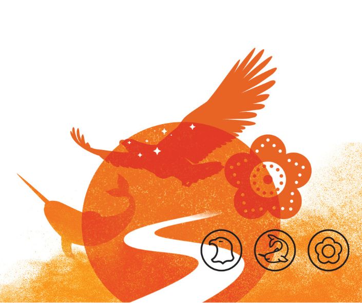 "orange and white graphic of a sun with a silhouette of a narwhal, flower and eagle"