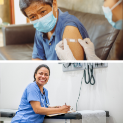 Top photo of elderly Asian person in a mask receiving vaccination from doctor and bottom photo of smiling Asian physician in a doctor's office