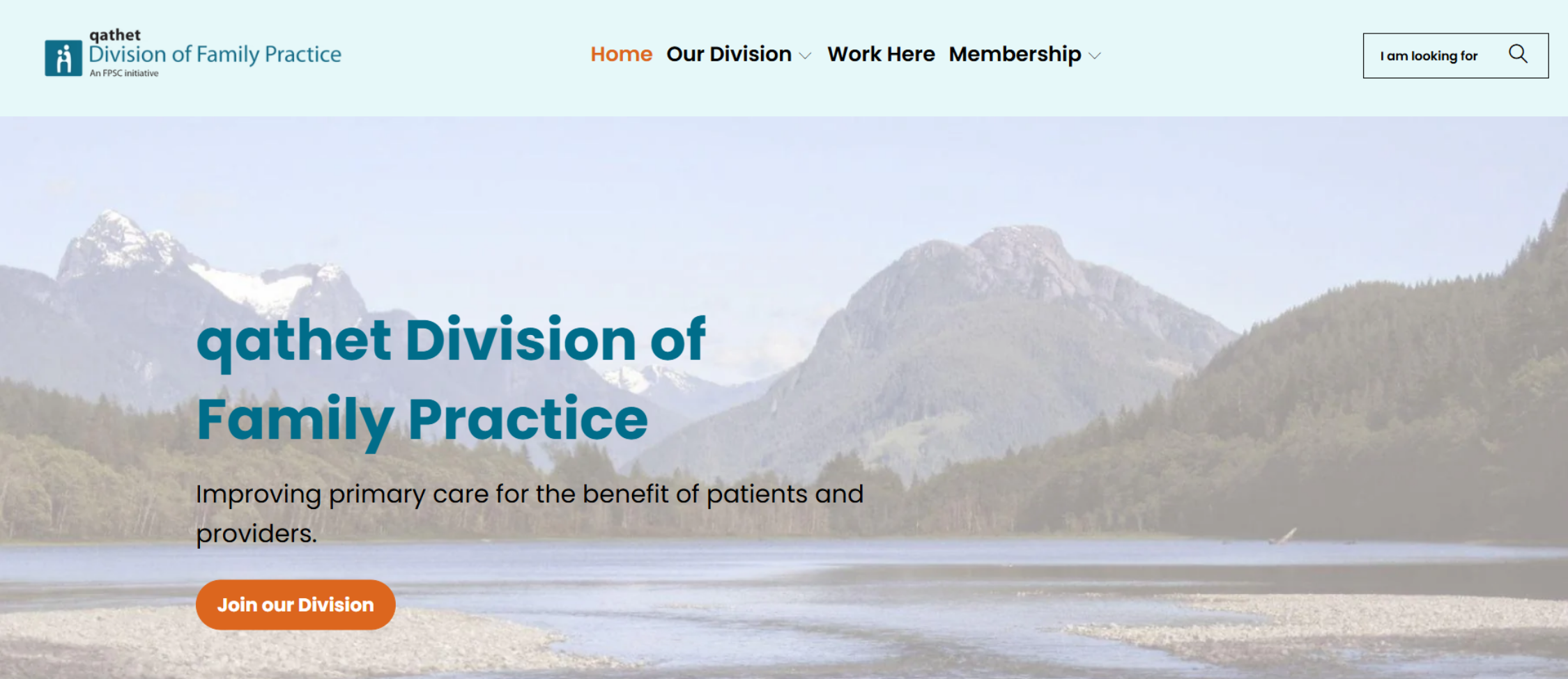 Image of the new qathet Division of Family Practice's homepage hero section. Displays a mountain and lake landscape with a text overlay.