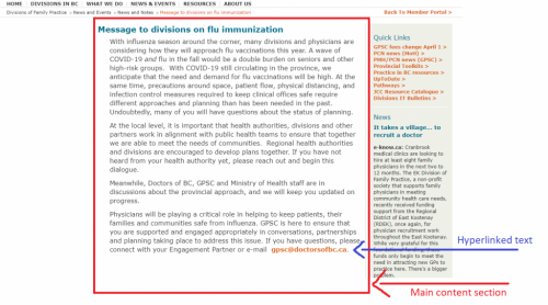 screenshot of article from divisions website showing that main content section is where the body of the content lies and that hyperlinked text is now bold